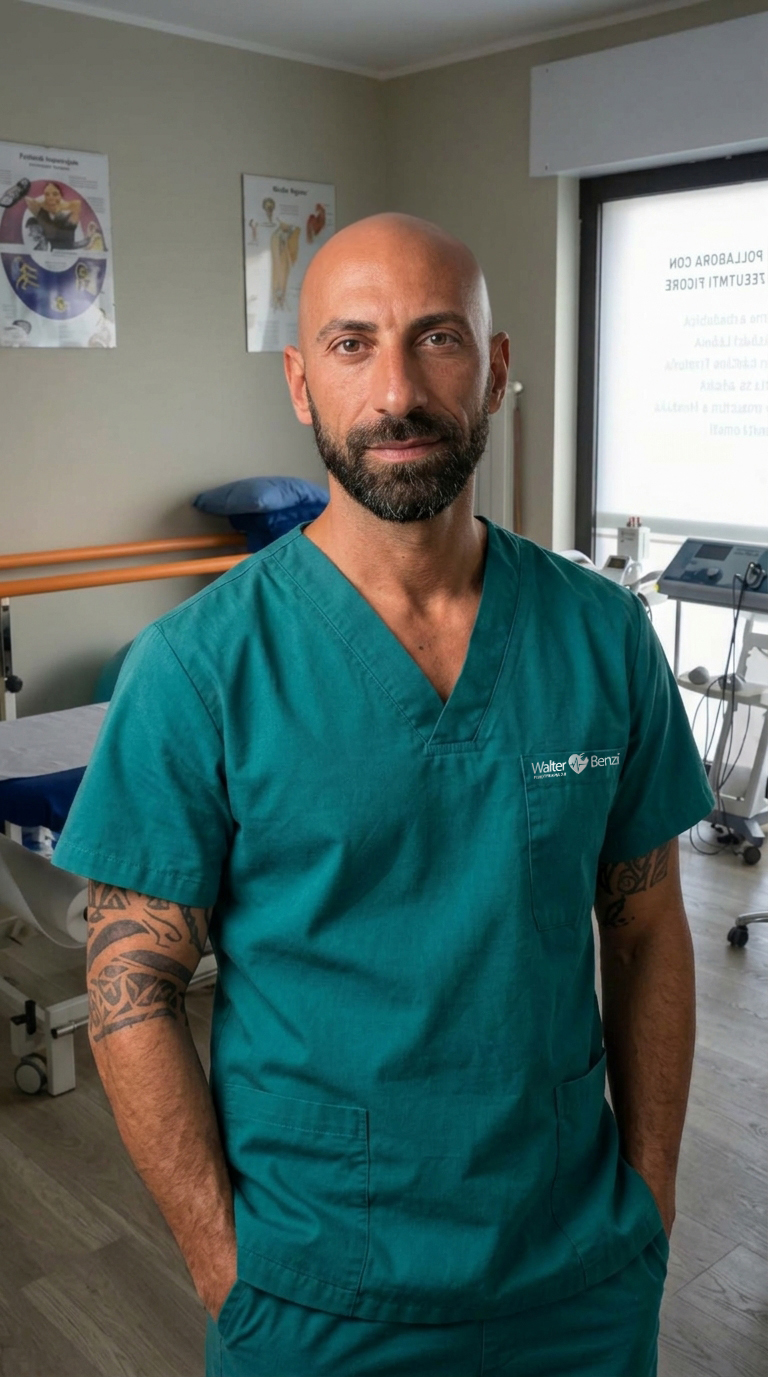Walter Benzi, fisioterapista, in camice verde nel suo studio a Uboldo